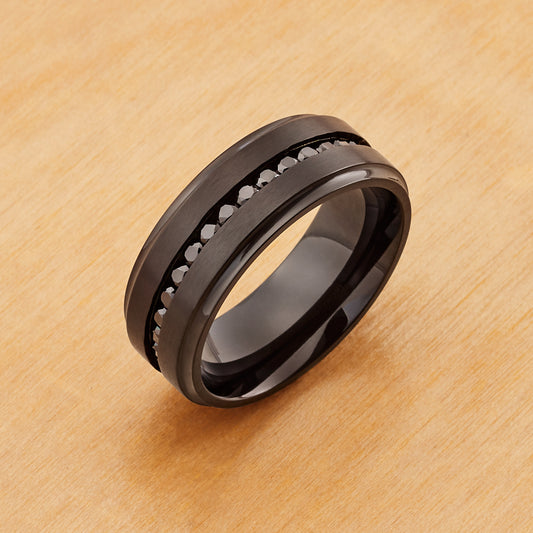 TI566 - Black Plated IP Titanium 8mm, Beveled Edge Black CZ Eternity Band