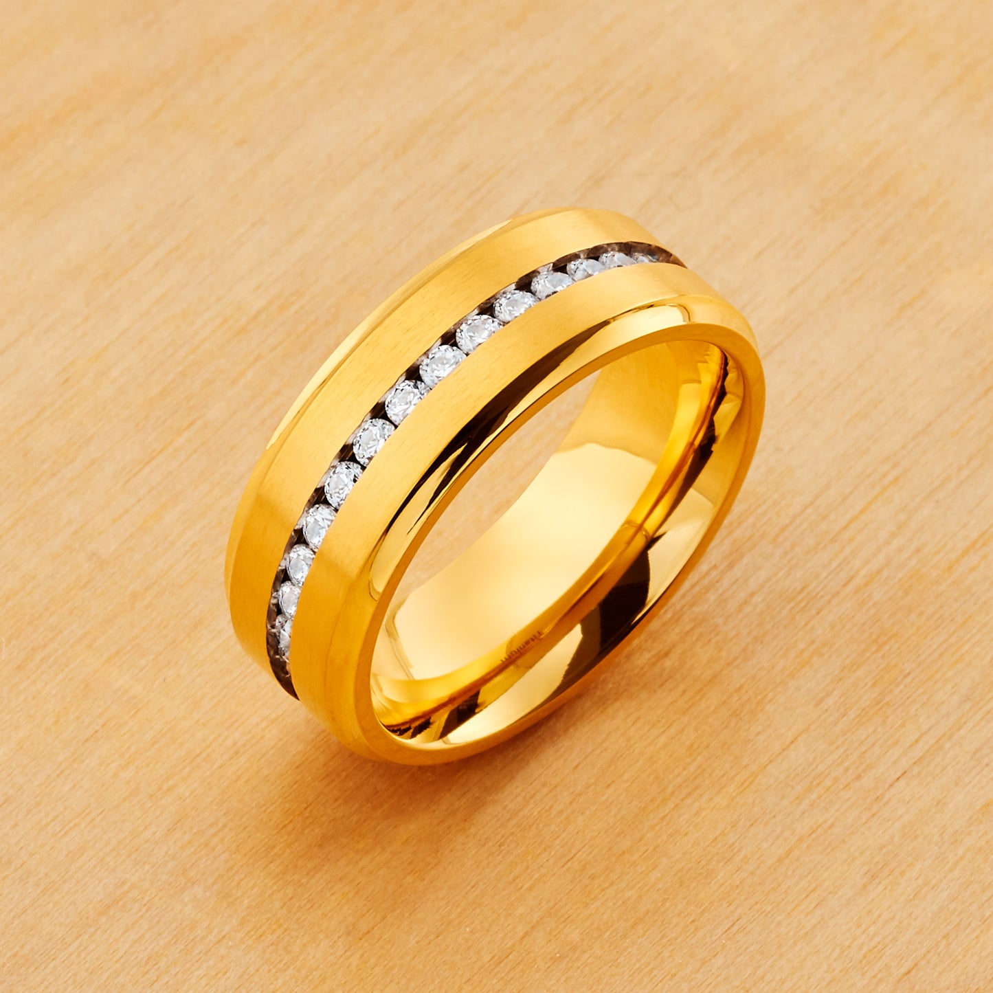 TI586 - Gold Plated IP Titanium 8mm, Brushed Center Shiny Stepped Edge with Eternity Style White CZ