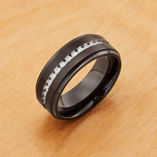 TI587 - Black Plated IP Titanium 8mm, Brushed Center Shiny Stepped Edge with Eternity Style White CZ