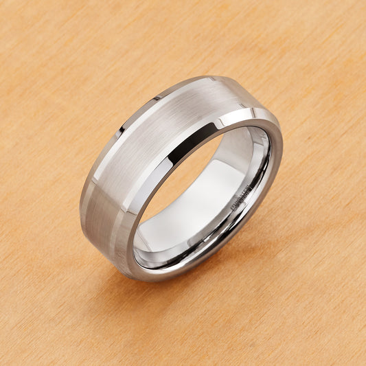 TR002 - Rhodium Plated IP Tungsten 8mm, Brushed Center Shiny Line on each Side Beveled Edge