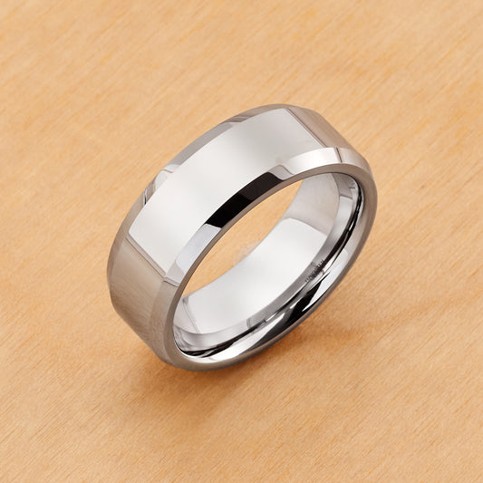 TR009 - Rhodium Plated IP Tungsten 8mm, High Polished Finish and Beveled Edge