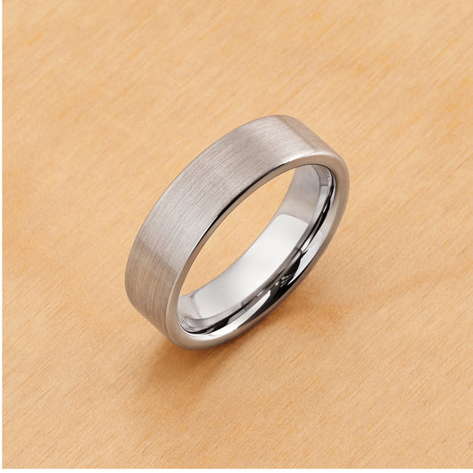 TR019 - Rhodium Plated IP Tungsten 6mm, Brushed Pipe Cut Ring