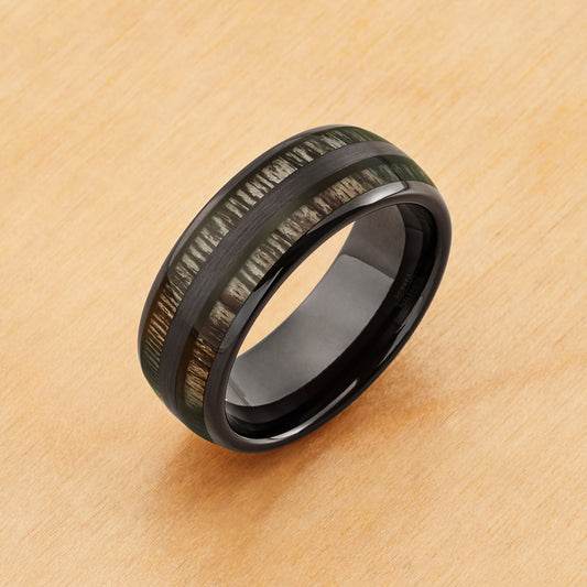 TR1004 - Black Plating - Tungsten Ring 8mm, Domed Black IP Plated Charcoal Wood Inlay