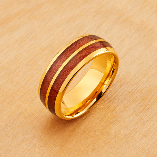 TR1005 - Yellow Plating - Tungsten Ring 8mm, Yellow Gold IP Plated Split Koa Wood Inlay