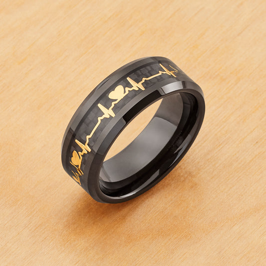 TR1009 - Black Plating - Tungsten Ring 8mm, Black IP and Yellow EKG Heartbeat Cut-out Inlay