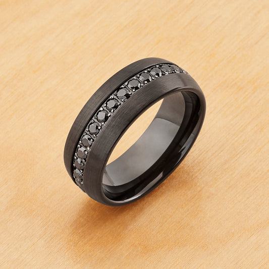 TR1011 - Black Plating - Tungsten Ring 8mm, Domed Black IP Plated Black CZ Eternity