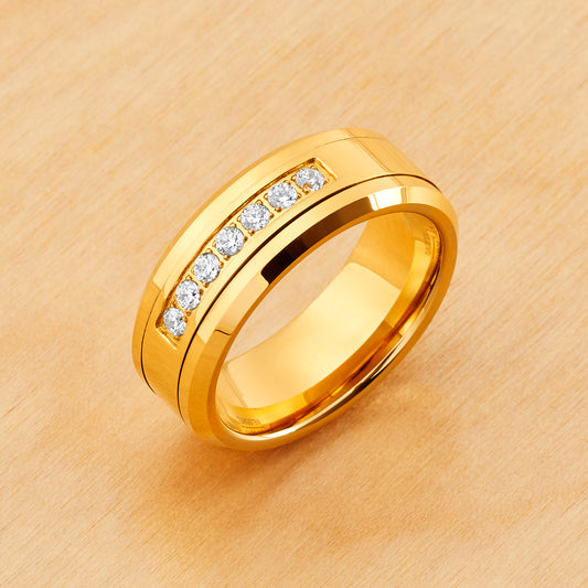 TR1012 - Yellow Plating - Tungsten Ring 8mm, Yellow Gold Shiny IP Plated 7 White CZ