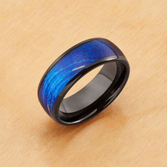 TR1016 - Black Plating - Tungsten Ring 8mm, Black IP Domed Azure Stabilized Wood Resin Inlay