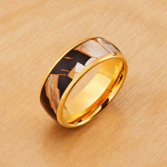 TR1017 - Yellow Plating - Tungsten Ring 8mm, Yellow IP Plated Capiz, Black Resin and Gold Shaving Inlay