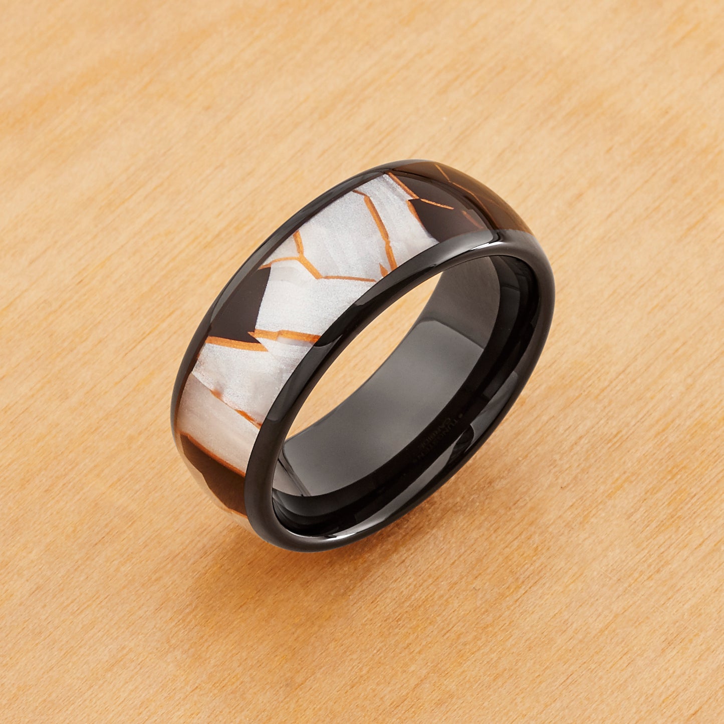 TR1018 - Black Plating - Tungsten Ring 8mm, Black IP Plated Capiz, Black Resin and Gold Shavings Inlay