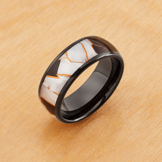 TR1018 - Black Plating - Tungsten Ring 8mm, Black IP Plated Capiz, Black Resin and Gold Shavings Inlay