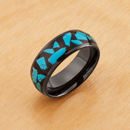 TR1020 - Black Plating - Tungsten Ring 8mm, Black IP Plated Blue Turquoise Fragments Inlay