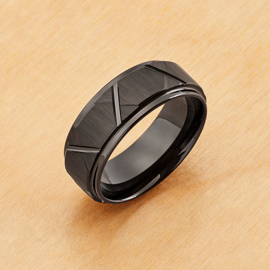 TR1024 - Black Plating - Tungsten Ring 8mm, Black IP Plated Trapezoids Design