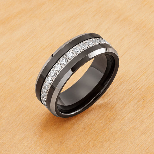 TR1028 - Black Plating - Tungsten Ring 8mm, Black IP Plated White CZ Eternity Beveled Edge