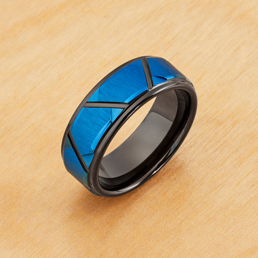 TR1031 - Blue and Black Plating - Tungsten Ring 8mm, Blue and Black IP Plated Trapezoids Stepped Edge