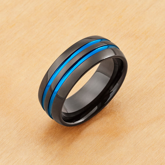 TR1039 - Black Plating - Tungsten Ring 8mm, Black IP Domed 2 Blue IP Grooves