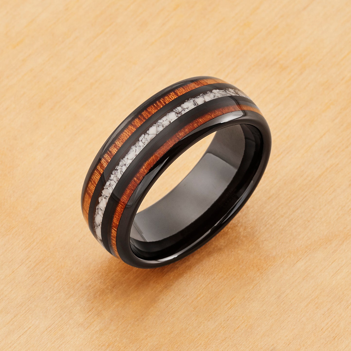 TR1047 - Black Plating - Tungsten Ring 8mm, Black IP Plated Koa and Crushed White Turquoise Inlay