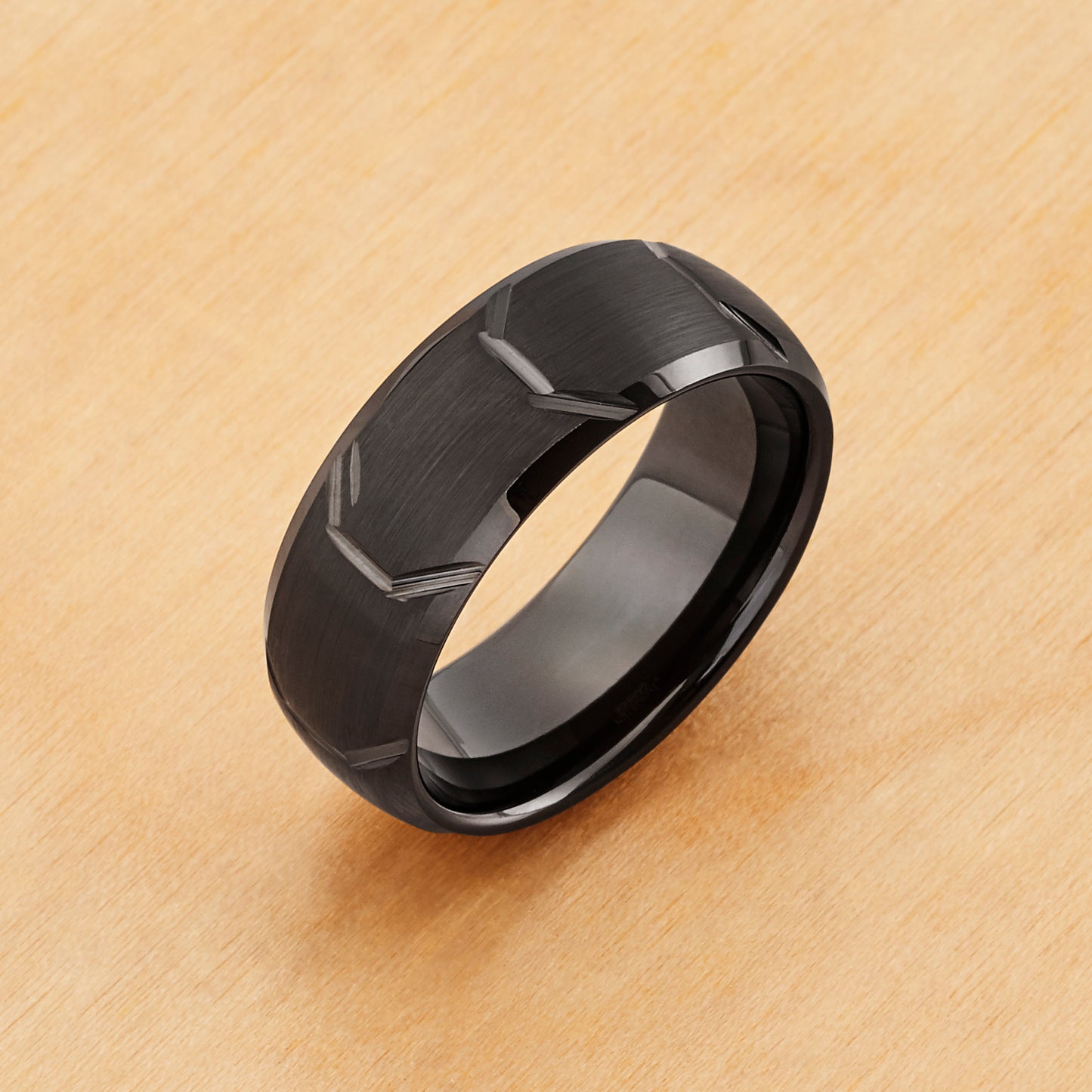 TR1054 - Black Plating - Tungsten Ring 8mm, Black IP Plated Tire Thread Center Beveled Edge