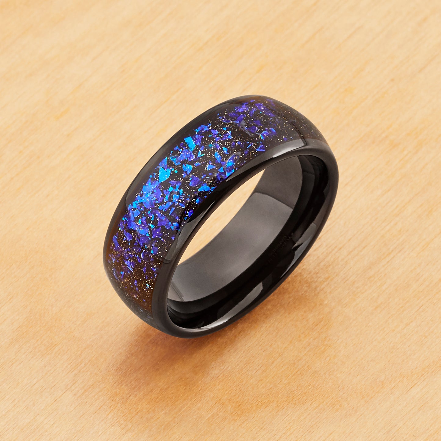 TR1055 - Black Plating - Tungsten Ring 8mm, Dome Black IP Blue Synthetic Opal and Abalone Fragments