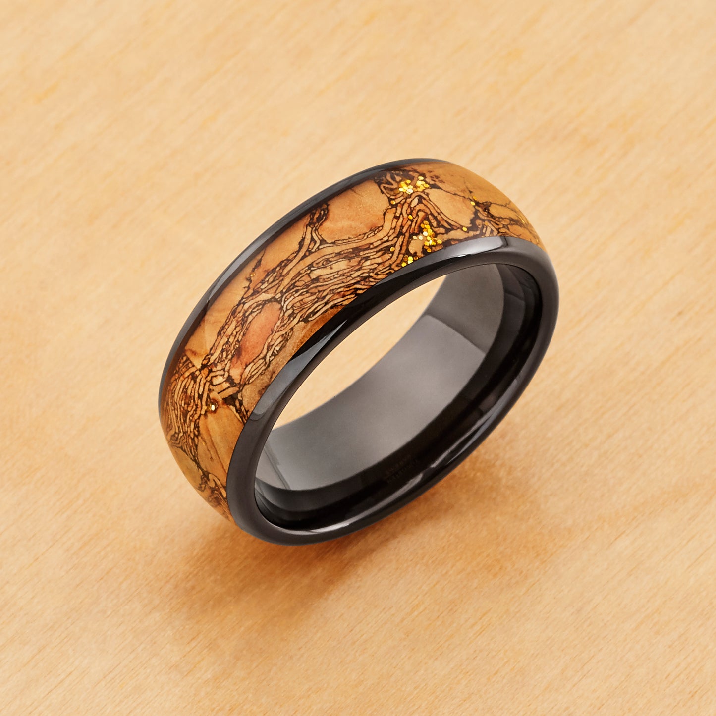 TR1064 - Black Plating - Tungsten Ring 8mm, Dome Black IP Plated Cork and Gold Glitter Inlay