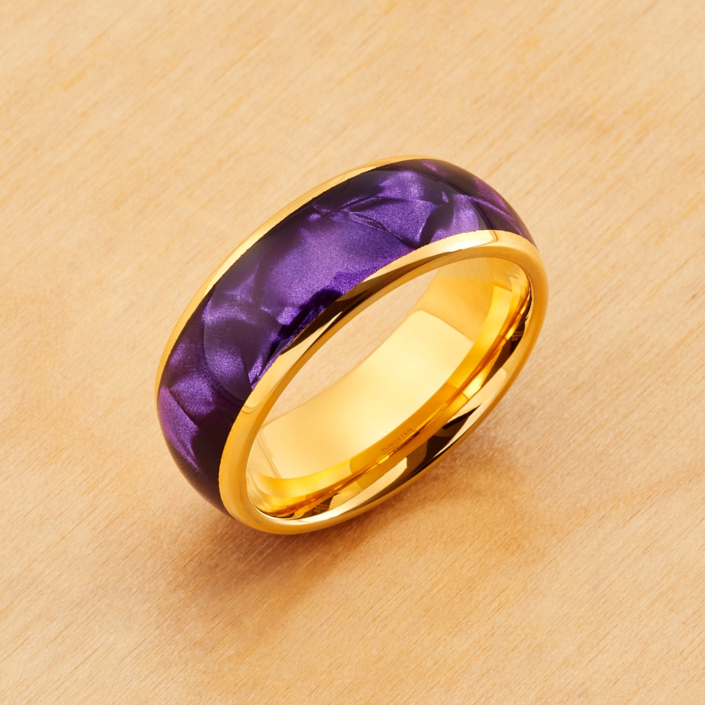 TR1066 - Yellow Plating - Tungsten Ring 8mm, Yellow Gold IP Plated with Imitation Purple Cowrie Inlay