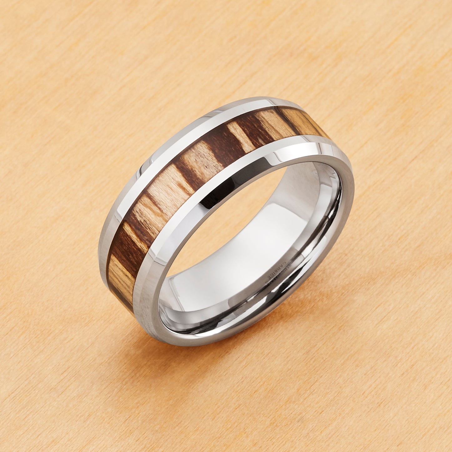 TR1067 - Tungsten Ring 8mm, Unplated Zebra Wood Inlay