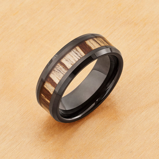 TR1068 - Black Plating - Tungsten Ring 8mm, Black IP Plated Zebra Wood Inlay