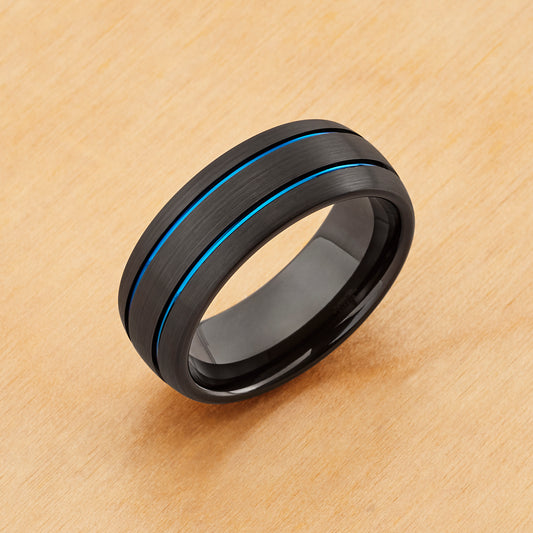 TR1071 - Black Plating - Tungsten Ring 8mm, Dome Black IP Tungsten, Two Blue IP Grooves