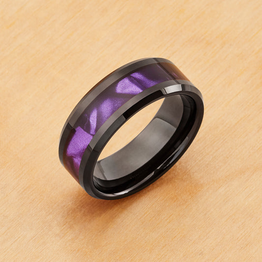 TR1086 - Black Plating - Tungsten Ring 8mm, Black IP Plated with Faux Purple Tiger Cowrie Inlay