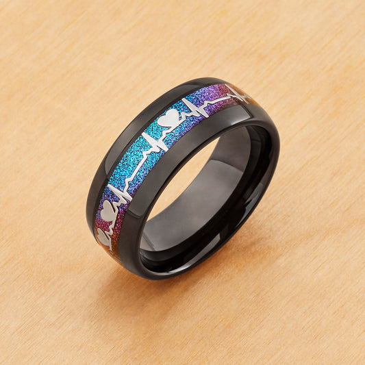 TR1088 - Black Plating - Tungsten Ring 8mm, Black IP Plated with Rainbow LGBTQ Gradient and EKG Cut-out