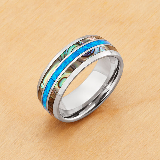 TR1089 - Tungsten Ring 8mm, Domed Ring with Opal and Mother of Pearl