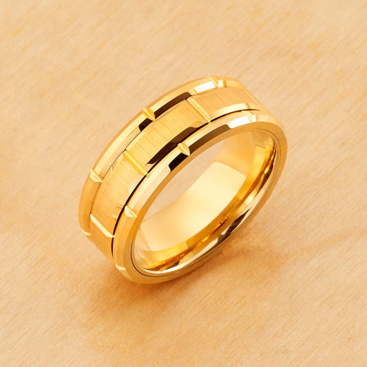 TR1090 - Yellow Plating - Tungsten Ring 8mm, Yellow IP Plated Brick Pattern Design