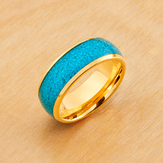 TR1091 - Rose Gold Plating - Tungsten Ring 8mm, Domed Rose Gold IP Plated Crushed Blue Turquoise Inlay