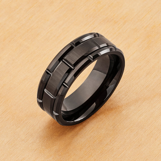 TR1092 - Black Plating - Tungsten Ring 8mm, Black IP Plated Brick Pattern Design