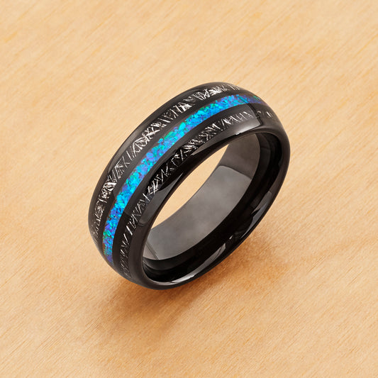 TR1093 - Black Plating - Tungsten Ring 8mm, Dome Black IP Plated Titanium Shaving and Opal Inlay