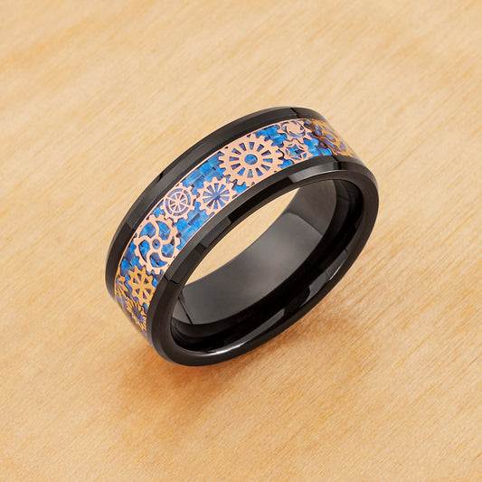 TR1097 - Black and Rose Gold Plating - Tungsten Ring 8mm, Black and Rose Gold IP Plated Steampunk Gear over Blue Carbon Fiber Inlay