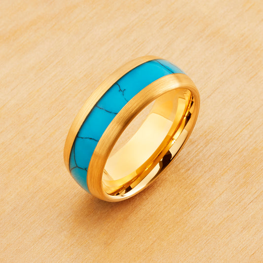 TR1105 - Yellow Gold Plating - Tungsten Ring 8mm, Domed Yellow Gold Plated Blue Turquoise Inlay