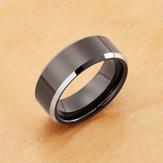 TR119 - Black  Plated IP Tungsten Ring 8mm, High Polished Steel Color Beveled Edge