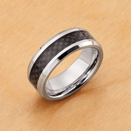 TR124 - Rhodium Plating - Tungsten Ring 8mm, High Polished with Black Carbon Fiber Inlay