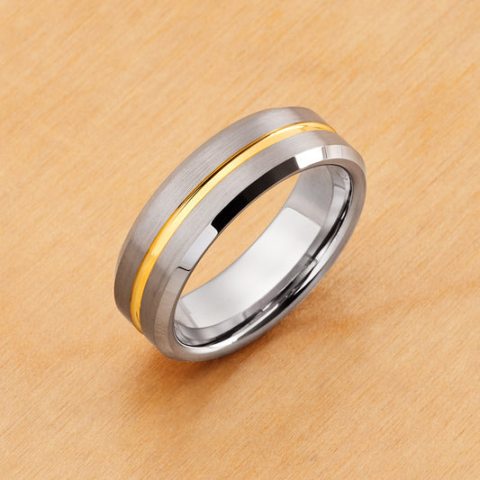 TR131 - Rhodium Plating - Tungsten Ring 7mm, Yellow Gold Tone IP Plated Center Groove