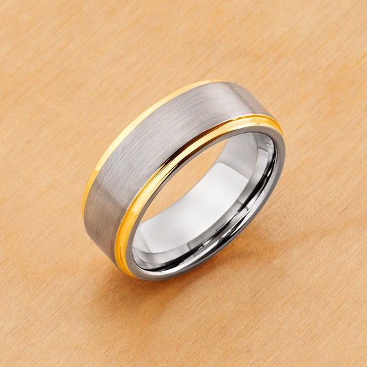 TR132 - Rhodium Plating - Tungsten Ring 8mm, Yellow Gold Tone IP Plated Edge