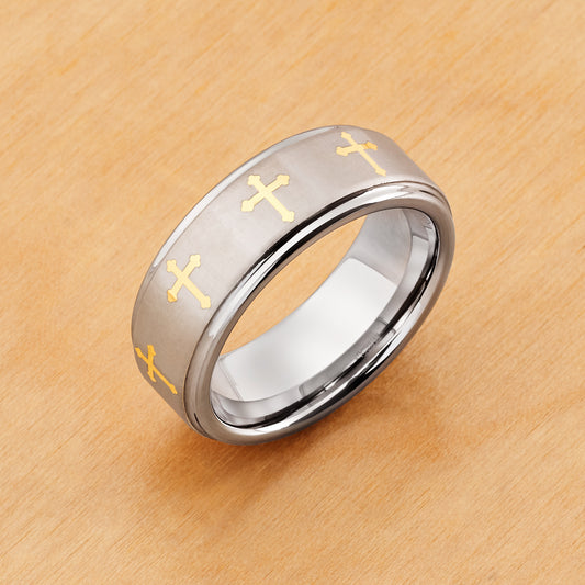 TR134 - Rhodium Plating - Tungsten Ring 8mm, Yellow Gold Tone IP Plated Laser Engraved Crosses Design