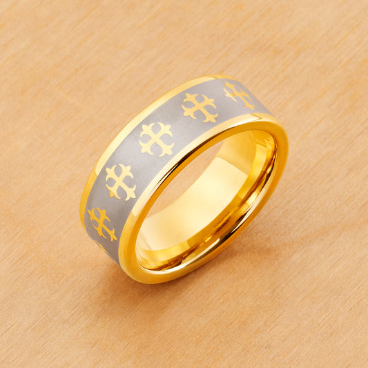 TR142 - Yellow Plating - Tungsten Ring 8mm, Yellow Gold Tone IP Plated Laser Engraved Crosses Design