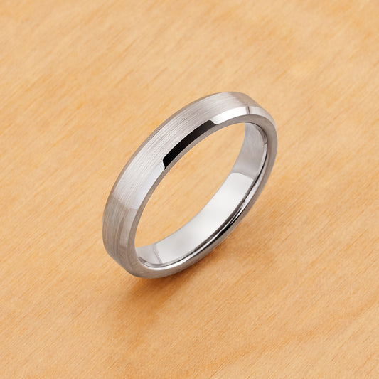 TR151 - Rhodium Plating - Tungsten Ring 4mm, Flat Brushed Center High Polished Beveled Edge