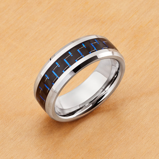 TR158 - Rhodium Plating - Tungsten Ring 8mm, Blue Carbon Fiber Inlay