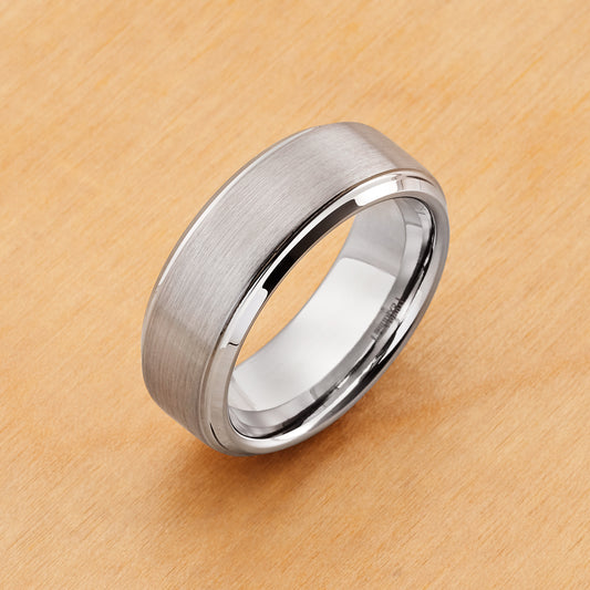 TR162 - Rhodium Plating - Tungsten Ring 8mm, Brushed Center High Polished Beveled Edge