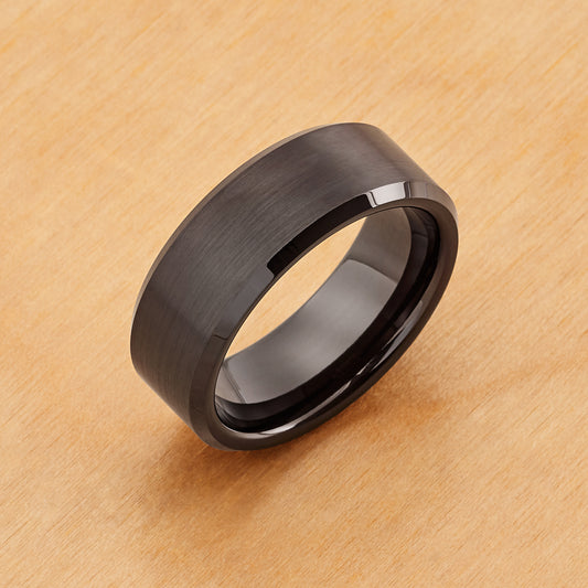 TR166 - Black Plating - Tungsten Ring 8mm, Flat Brushed Center, High Polished Beveled Edge