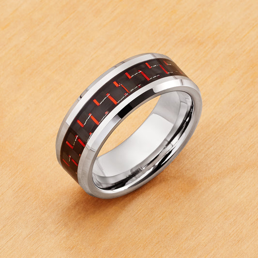 TR205 - Rhodium Plating - Tungsten Ring 8mm, High Polished with Red and Black Carbon Fiber Inlay