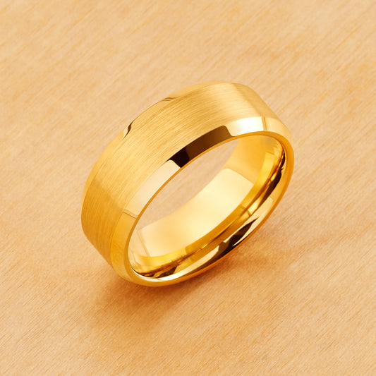 TR210 - Yellow Plating - Tungsten Ring 8mm, Yellow Gold IP Brushed Center, Shiny Beveled Edge