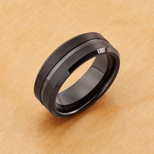 TR211 - Black  Plating - Tungsten Ring 8mm, Black IP Plated Shiny Grooved Center Brushed Beveled Edge